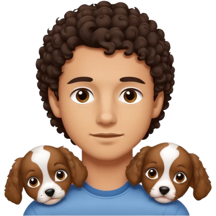young man with dark brown curly hair, deep set eyes with two York puppies emoji