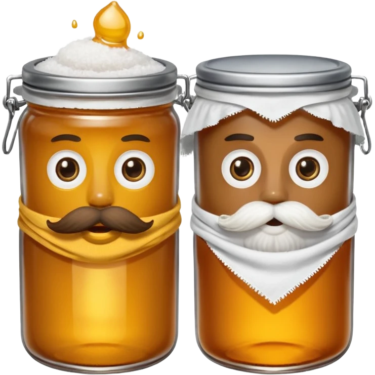 Garama and Madundung are together a gray container of salt and a honey container with a cloth on top. They each have eyes with white in the middle, a mouth, nose, and mustache both customary to their colors. They have hairy legs and emit an aura of salt (Garama), and honey (Madundung). emoji