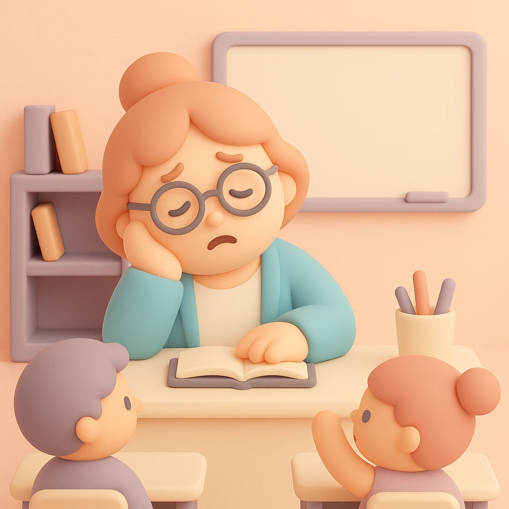 exhausted teacher in a bustling classroom emoji