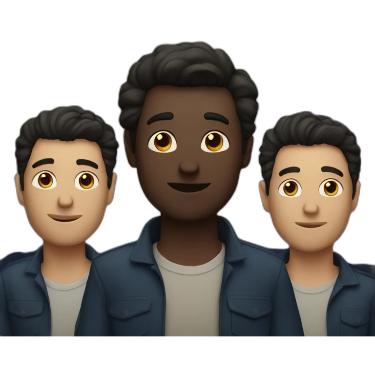 three white guys with dark hair looking at the moon emoji