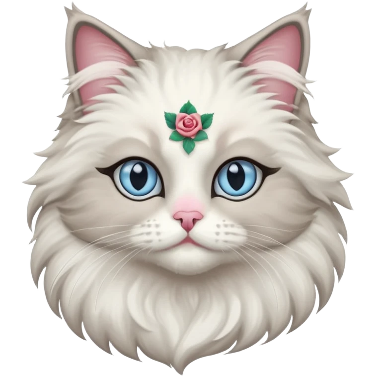 Neva masquerade cat, very fluffy, gray and white, with pale blue eyes and rose nose emoji