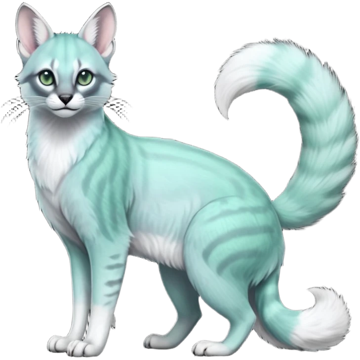 Colorful dark realistic iridescent pale light jade-green, mint-blue, whitish pastel white glorious divine exotic cute cool beautiful shiny beautiful fantasy-caracal-civet-genet-sergal-vernid-Cacomistle-Trico-oncilla-animal-Fakémon-hybrid-fursona (full body) emoji