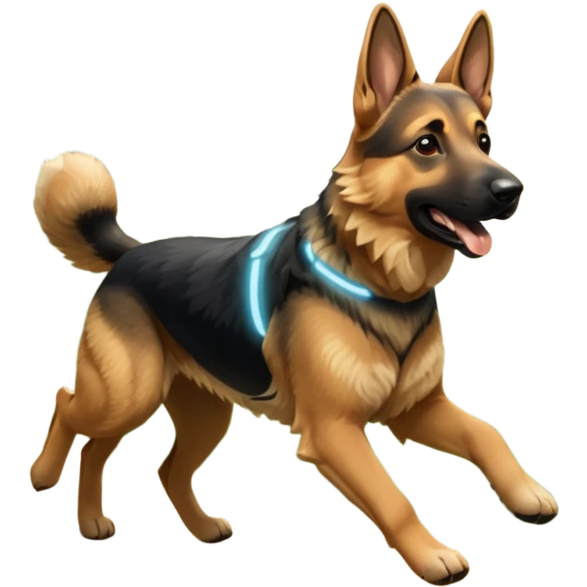 A German Shepherd running through a forest trail, showing strength and motion. Sunlight filtering through trees, dynamic action shot, detailed fur texture. emoji