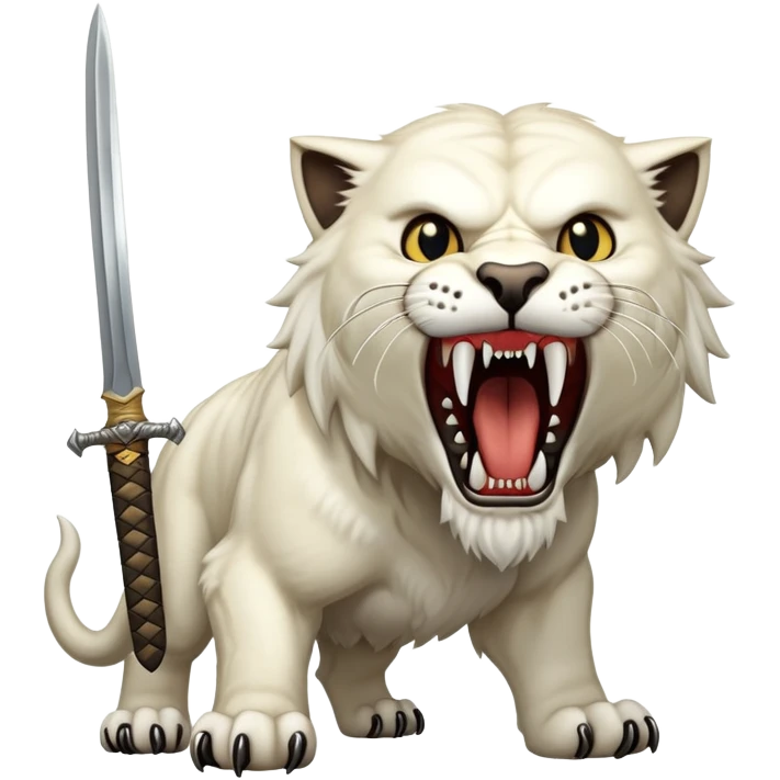 saber-toothed cat with absurdly long, sword-like canine teeth that are longer than its entire head, comically exaggerated fangs emoji