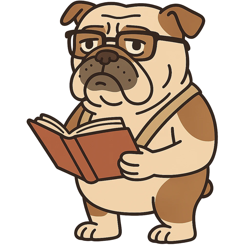 English bulldog guide wearing glasses holding a book cartoon character emoji