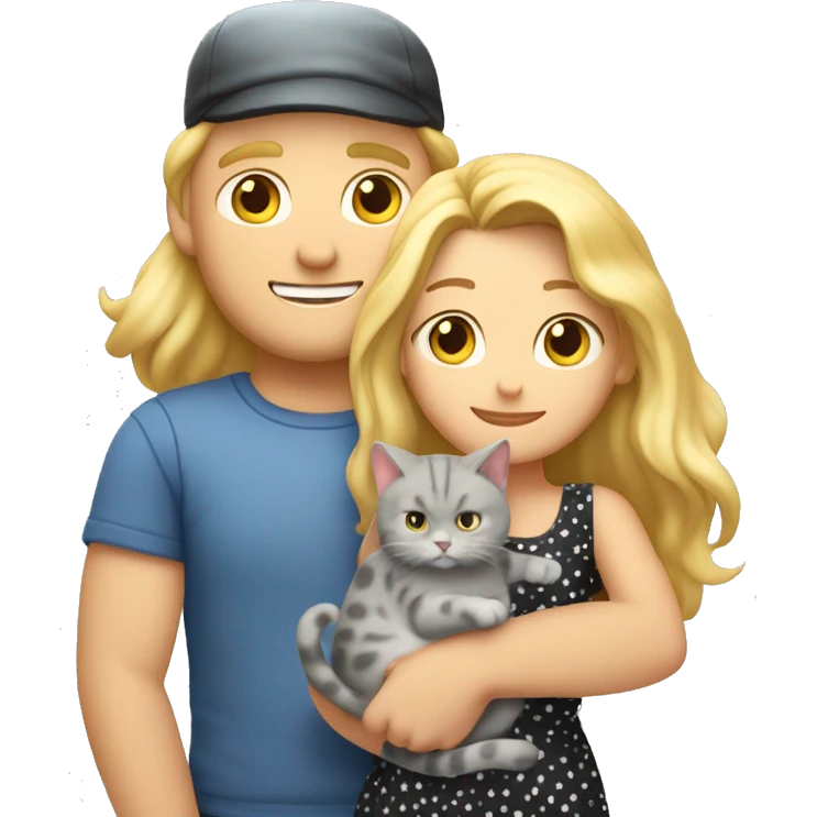 3 objects - a beautiful blonde with long hair and a polka-dotted dress, a bald handsome man in a cap and a rock T-shirt, and a fat gray cat with black spots. The man hugs the blonde and holds the cat in his hands emoji