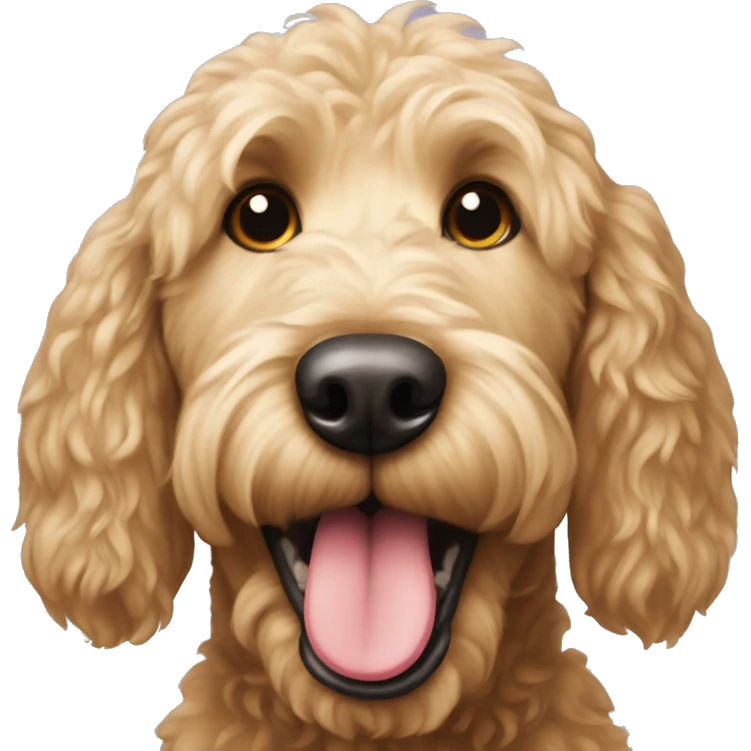 Golden doodle dog showing tongue emoji