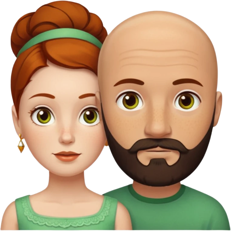 Couple. Bald man with dark brown-black beard. White woman with many small, faded freckles, she has white skin and she has auburn-yellow-brown-cinnamon, dark hair. She has light orange-brown eyes. The man have hazel eyes. They like green. Retro style. emoji