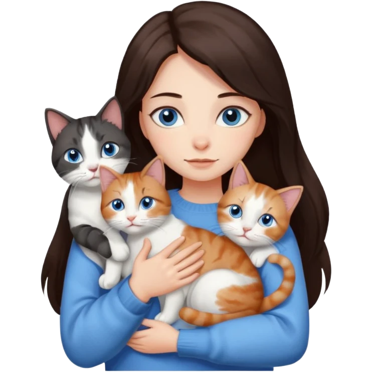 a girl with long dark 
brown hair, with blue eyes, in a
white sweater, hugs 3 different natural coloured cats emoji
