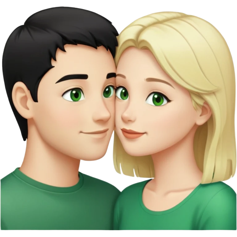 Smiling kissing couple of boy with short black hair and green eyes and blonde girl with long hair emoji
