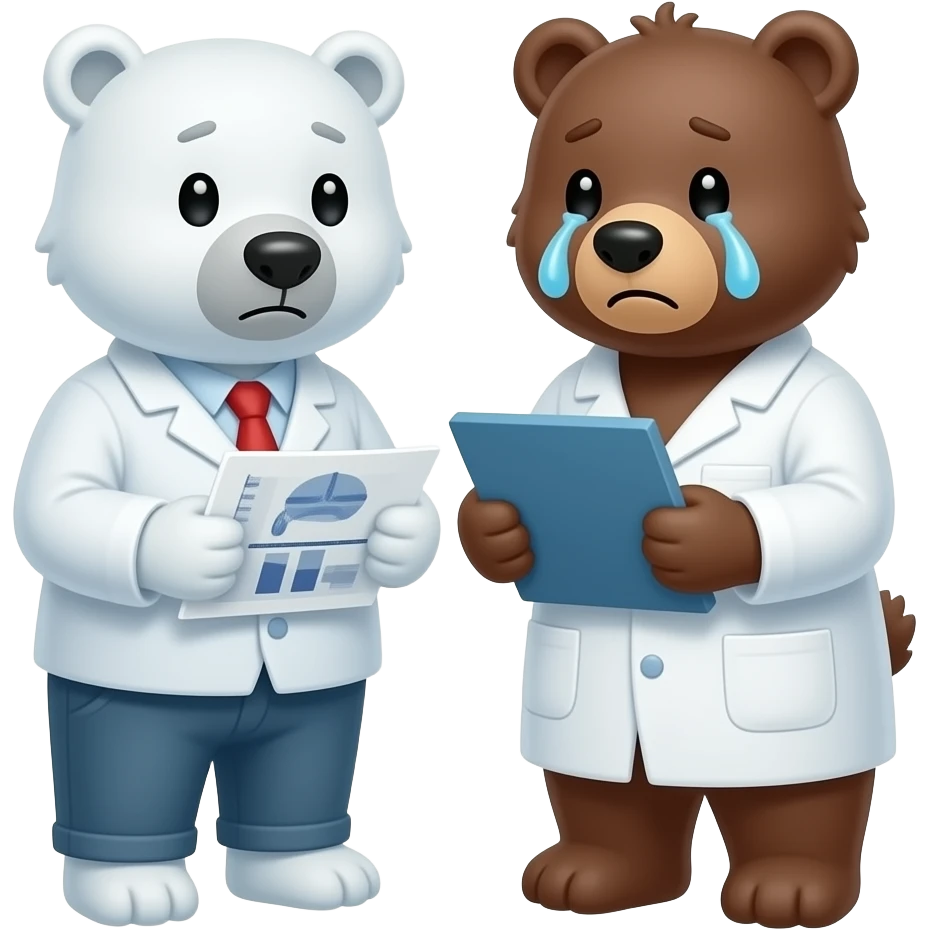 one polar bear and one grizzy crying while unitedly doing research in computational pathology images emoji