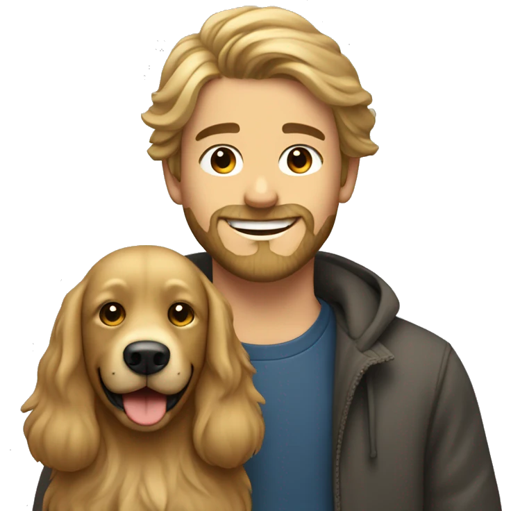 smiling bearded dark blonde boy with and long hair with dog indoors emoji
