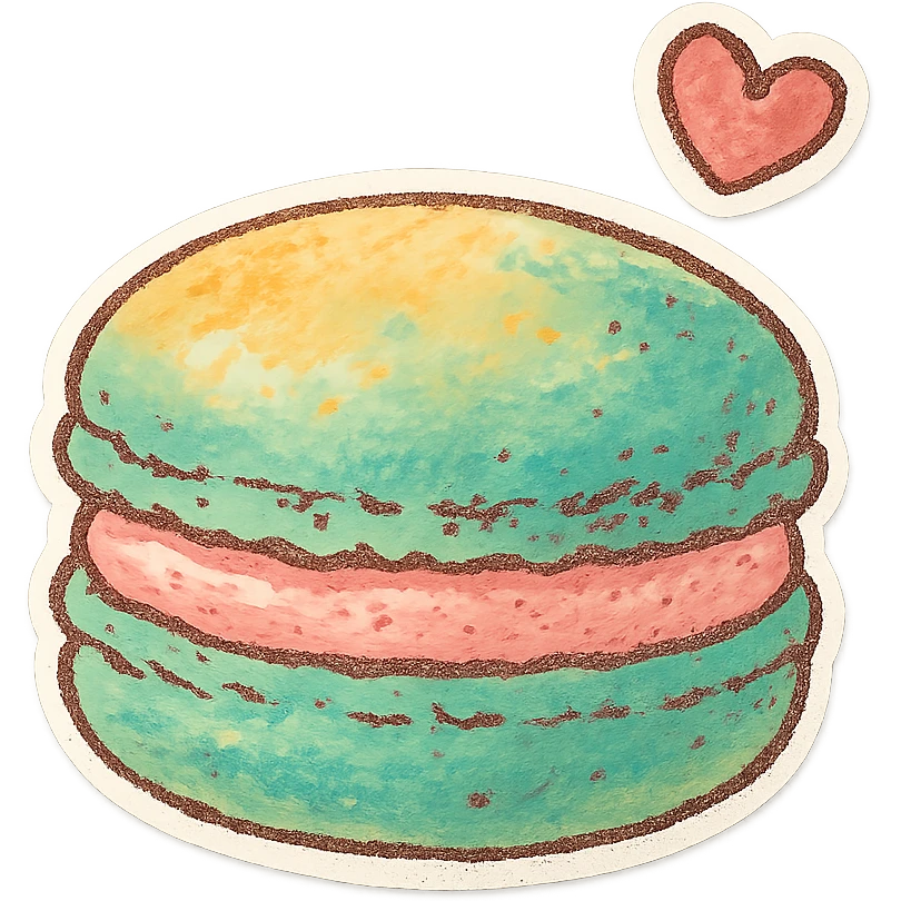 colorful macaron, Japanese pastel hand-drawn sticker style, full object, transparent background, with a tiny heart emoji