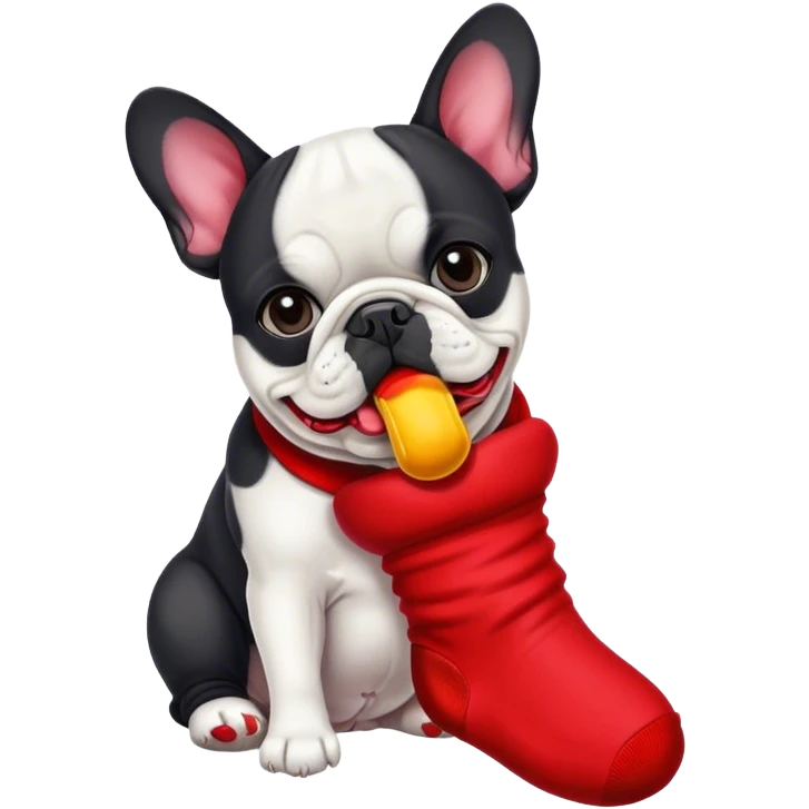 Black and white Bouledogue français eating a red sock  emoji