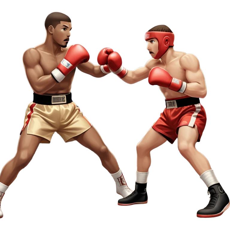 An icon showing two professional boxers in the middle of an intense fight in the ring. They are wearing gloves and protective gear, with one boxer throwing a punch while the other dodges. The background features bright lights, a cheering crowd, and the ropes of the boxing ring. emoji