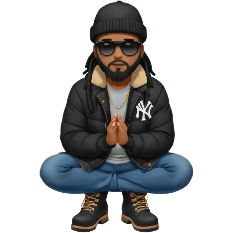African American man with shoulder length black dreadlocks with black beard wearing black sunglasses wearing a black bubble winter coat wearing a New York Yankees baseball hat wearing denim skinny jeans and timberland boots kneeling in prayer emoji