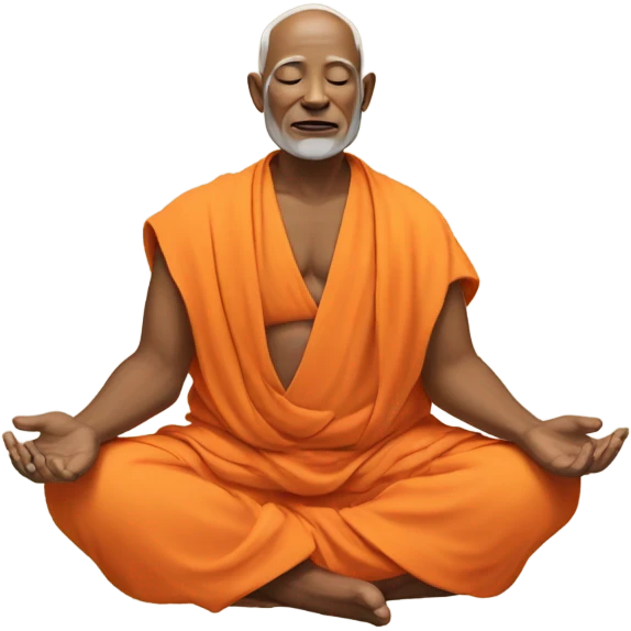 an old yogi with a peaceful and meditative expression. The character should be wearing an orange robe, symbolizing traditional yogic attire. The yogi can be sitting in a lotus position with closed eyes, a gentle smile, and a serene aura. emoji