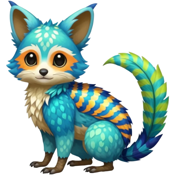 Colorful tropical exotic cute cool beautiful shiny beautiful fantasy-Trico-Cacomistle-oncilla-animal-Fakémon-hybrid-fursona (full body) emoji