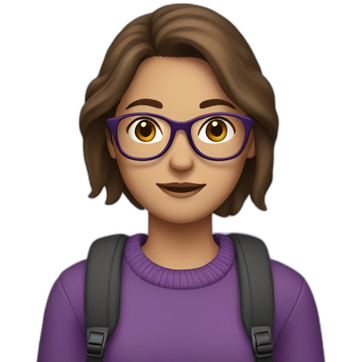a girl with shoulder-length brown hair, in glasses, with a backpack, in a purple sweater emoji