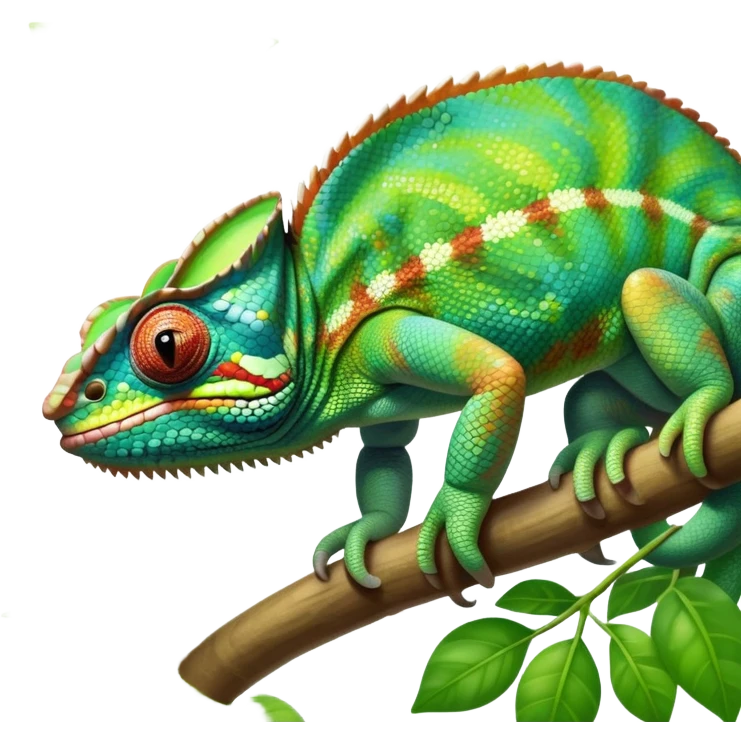 giant-chameleon-realistic emoji,-blending-with-vibrant-greenery.-detailed-scales-in-shifting-colors,-showing-the-chameleon’s-ability-to-camouflage.-soft-natural-light-highlights-its-texture.-nature-background, zoomed into its face emoji