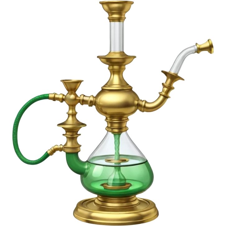 Brass hookah with green design on a glass water base and a glass banger on the top; with two outlet emoji