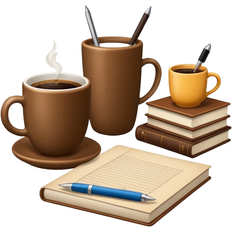 a cup of coffee next to study materials emoji