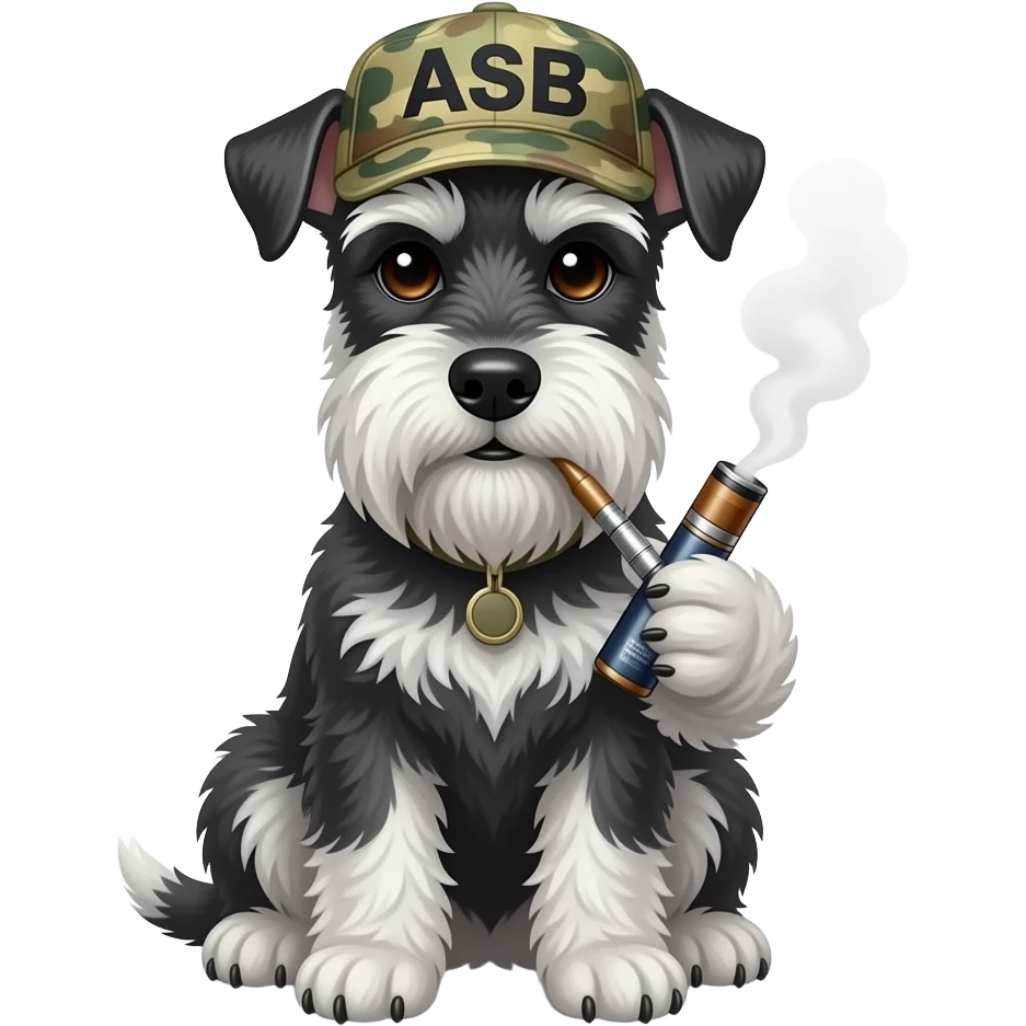 Perro schnauzer con pestañas  sentado con un vape sacando humo con una gorra de costado con un diseño de militar y que la gorra tenga las letras de ASB  en el centro emoji