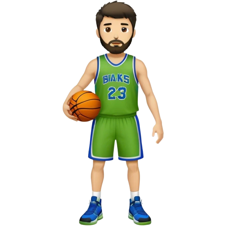 Full Body  white male basketball player with short dark shaggy hair and gold tee beard wearing blue and green uniform emoji