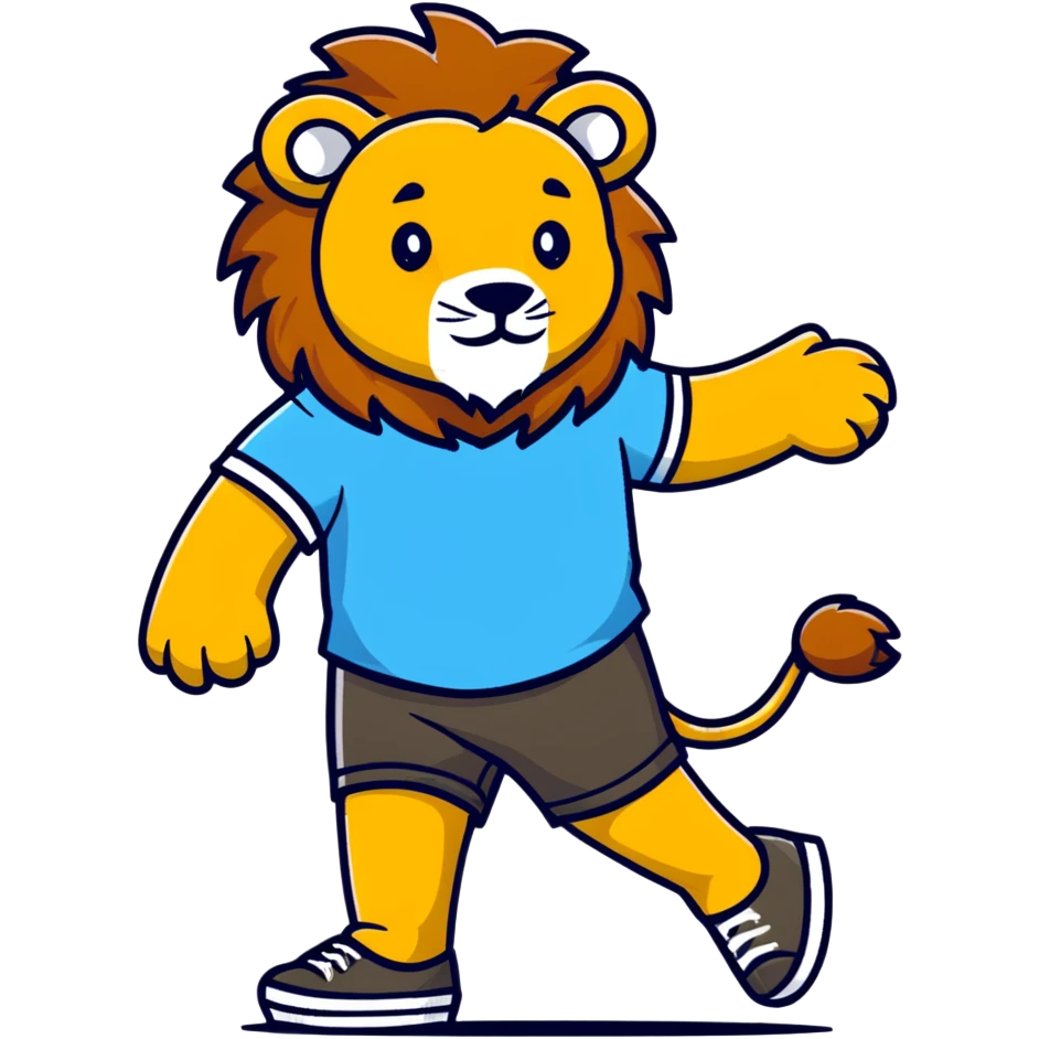retro 1950s anthropomorphised lion in a t-shirt and shorts walking emoji