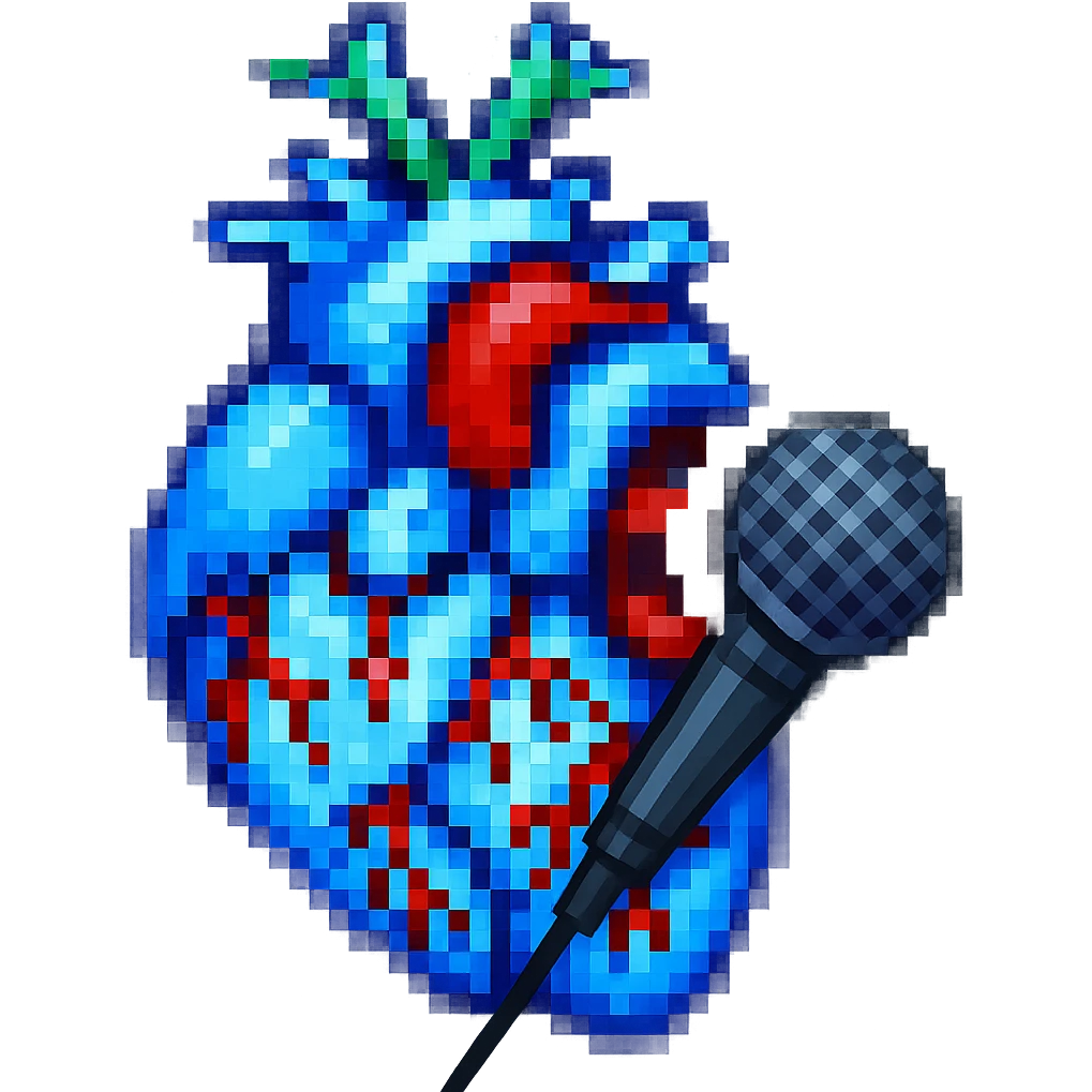 Add a microphone to the singing anatomical heart in pixel art style, keep the pixel art look and no background. emoji