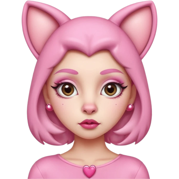 A woman dressed as a pink panther with soft pink skin, big expressive eyes, and glossy lips has a calm, pouty look. Pink animal ears and subtle heart details give her a sweet, playful vibe emoji