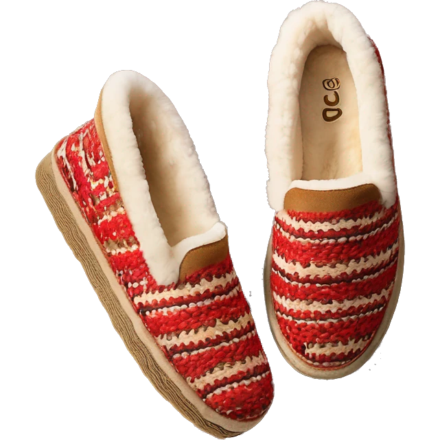 Camel slip-on slippers. thin red woven bohem zig-zag trim on the cuff, and a thick platform sole. “UGG” emoji