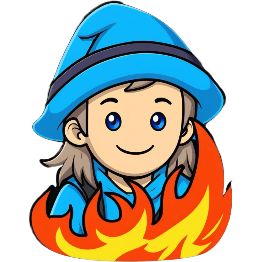 A cool guy with light skin, blue eyes, long hair, smiling, with a fire magic hat emoji