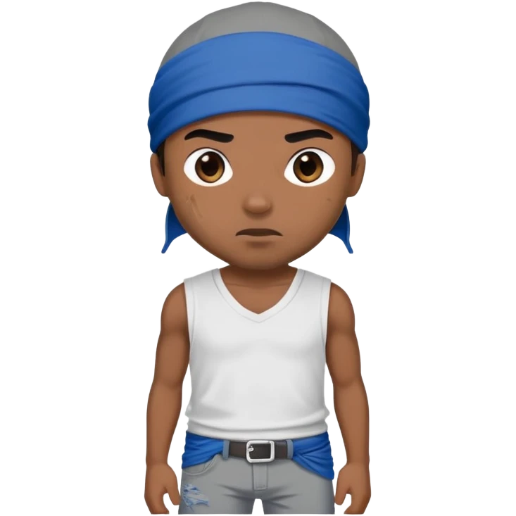 a gangster in torn gray underpants, a white T-shirt, with a blue bandana on his left shoulder and a black cap emoji