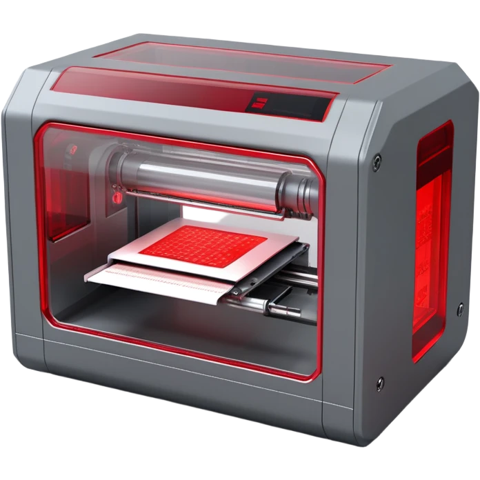 3D render of a compact processing machine, printer-like design:
- Rectangular industrial device with clean edges
- Red transparent window/panel on the front showing mechanical movement inside
- Small metallic gray gears visible through the window
- Red LED status lights on the top panel
- Subtle ventilation grids on the sides
- Minimal metallic gray housing
- Small red glowing details between panels
- Technical/industrial finish with slight reflection
- Modern, clean aesthetic like a high-tech printer
- Subtle red glow emission from internal mechanisms
--ar 1:1
--style raw
--v 5.2
--no text
--q 2
--c 20 emoji