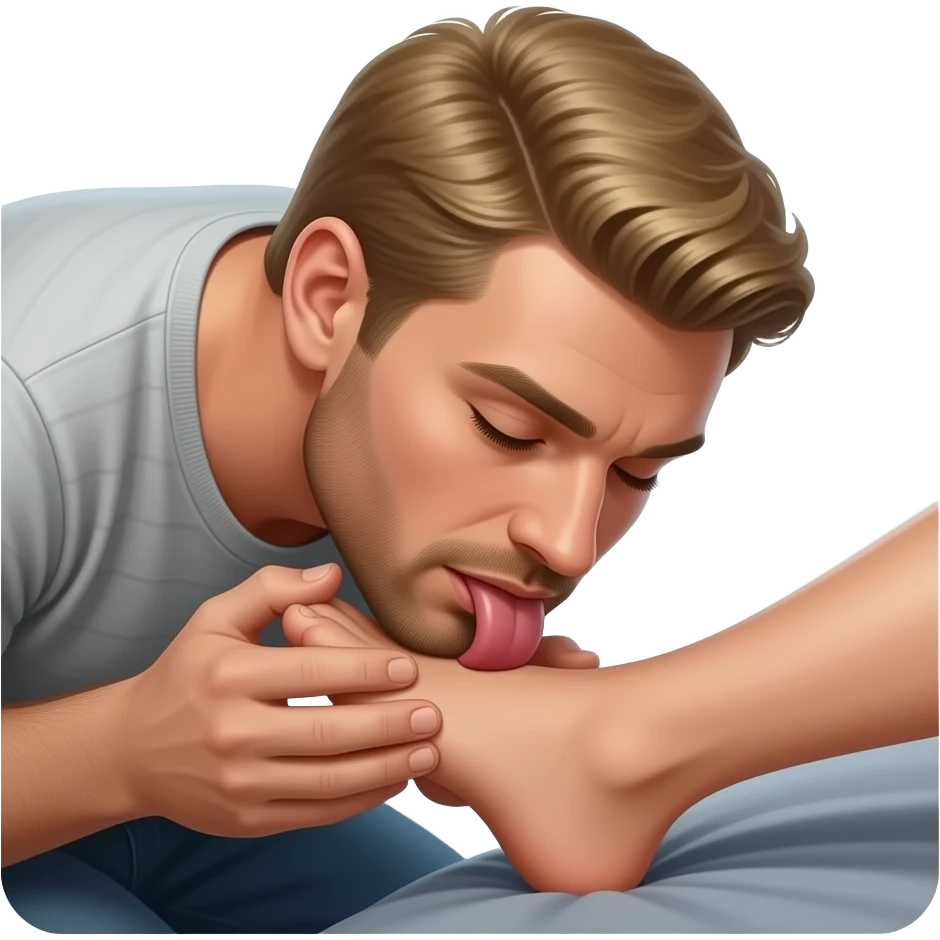 Blonde man with closed eyes bowed, licking the soles of a brunette emoji