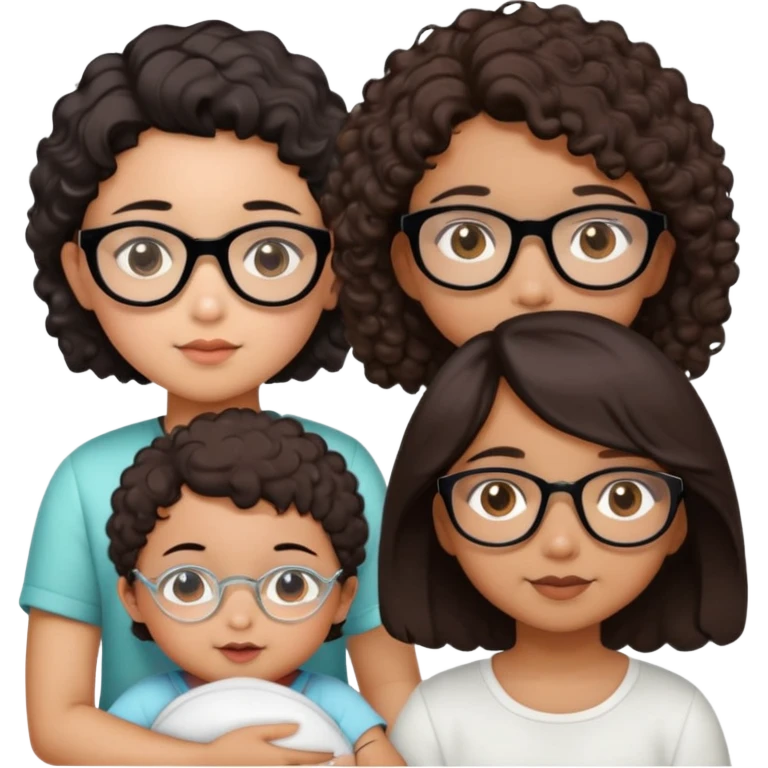 make a girl with black glasses and mid length brown hair, an indian girl with short curly brown hair, an asian boy with black hair that covers one of his eyes, and a white baby girl with a bob emoji
