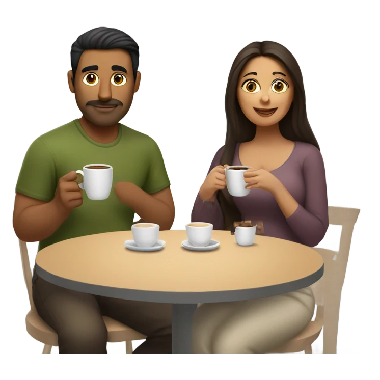 Thick brunette woman drinking coffee with Indian man emoji