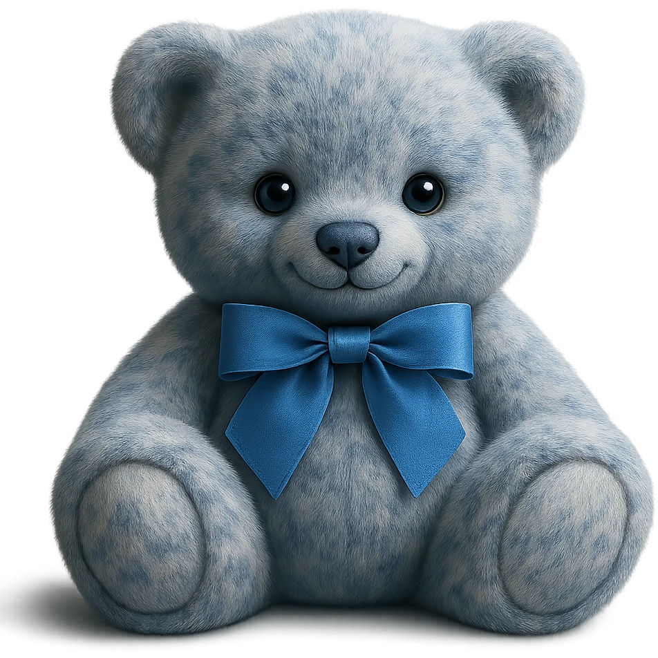 Make the teddy bear's fur a mix of realistic blue and white with soft lighting. Remove the background to make it transparent. The style should be realistic and natural looking. emoji