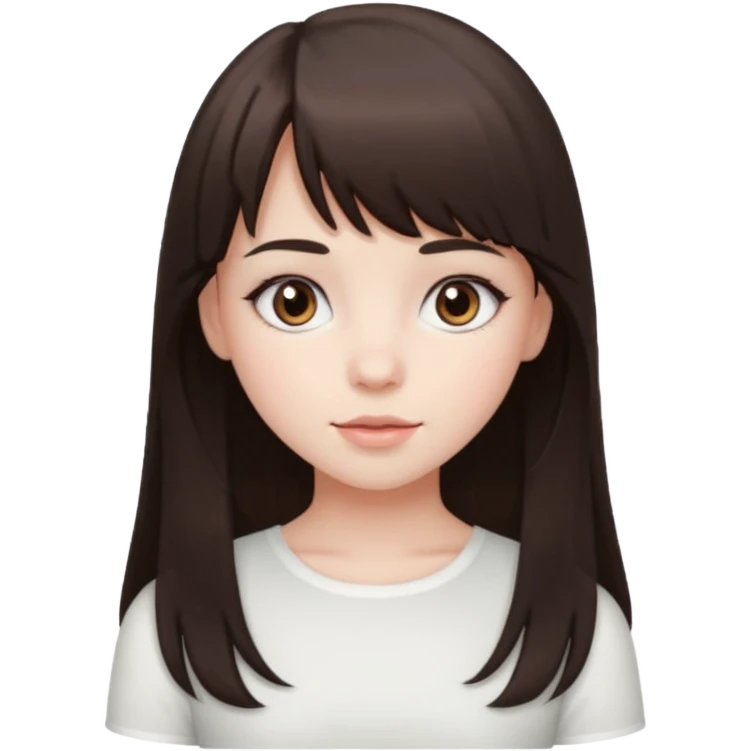 brunette girl with dark brown eyes, pale rosy skin, long hair and wispy bangs and a white top  emoji