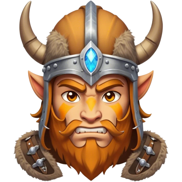 Clash of Clans aesthetic: Cinematic Fierce Barbarian Portrait Emoji, Poised and bold with a rugged yet cartoonish build in tattered furs and a horned helmet, his exposed skin a rich tan, expressive bright eyes and a confident smirk, Simplified yet dynamic features, highly detailed, glowing with a vivid, adventurous aura, high shine, heroic and spirited, stylized with an air of medieval warrior charm, focused and energetic, soft glowing outline, capturing the essence of a fearless barbarian adventurer ready to lead his clan with spirited valor! emoji