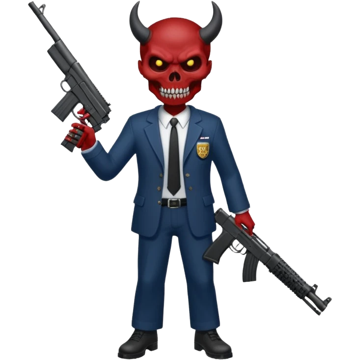 A Demon from hell that is dressed like a fbi agent with a machine gun, full body pointing the machine fun to the left. In the style of your bleeding skull artwork. emoji