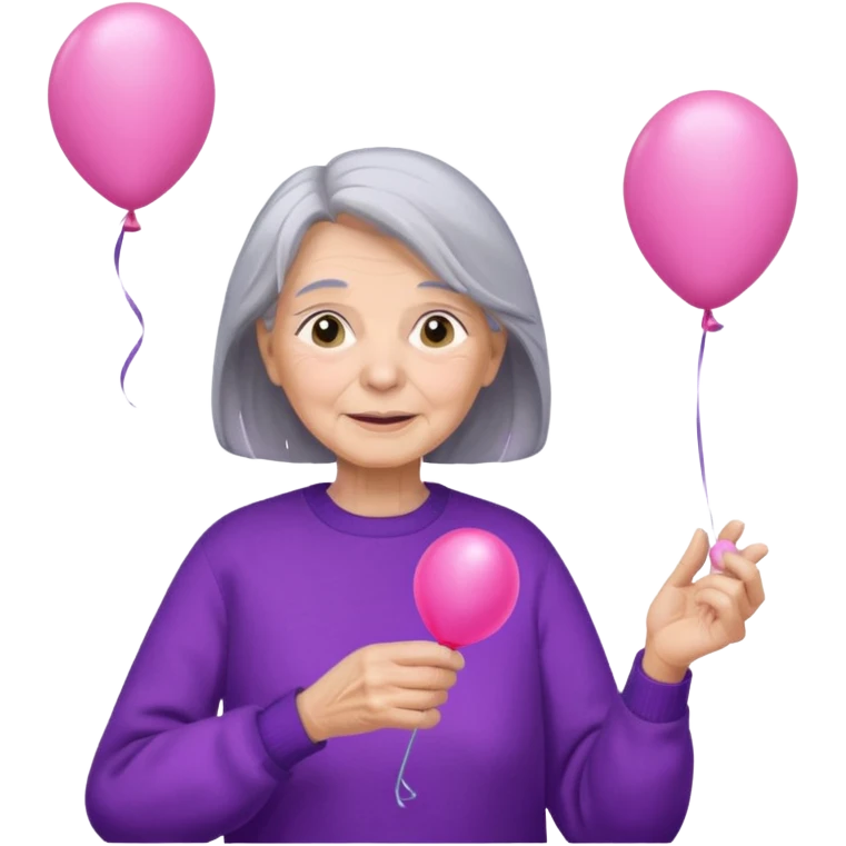 old lady, long grey hair, purple sweater, hold pink balloon emoji