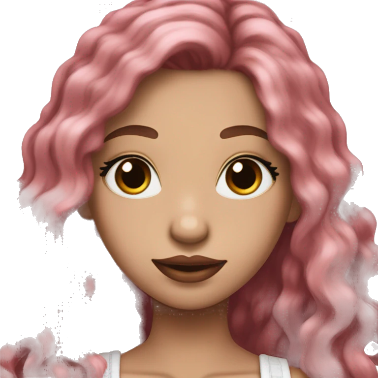 Long dark red middle part hair very Long lashes, white skin and pink lips, braces emoji