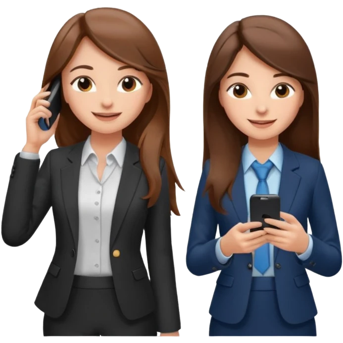 two brown haired girls, looking professional maybe leaned back on back and looking forward and using phones, with longer hair and with some cute clothes emoji