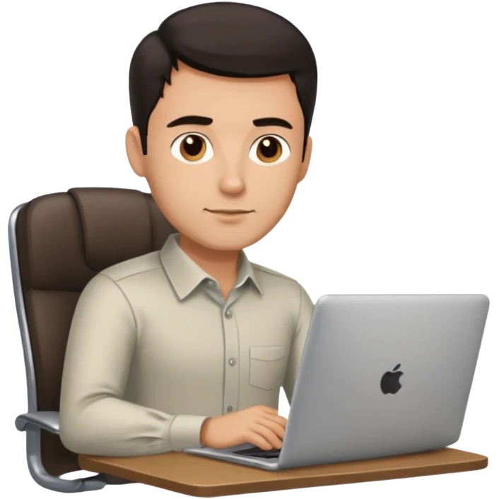 Rich man sitting on a office chair, working at desk, looking to laptop in shirt, dark hair, he is german very beautiful looks like, full body view emoji