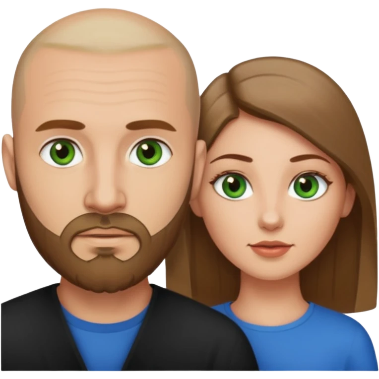 Man on left with shaved head with dark blonde beard and blue eyes, woman on the right with long dark brown hair green eyes  emoji