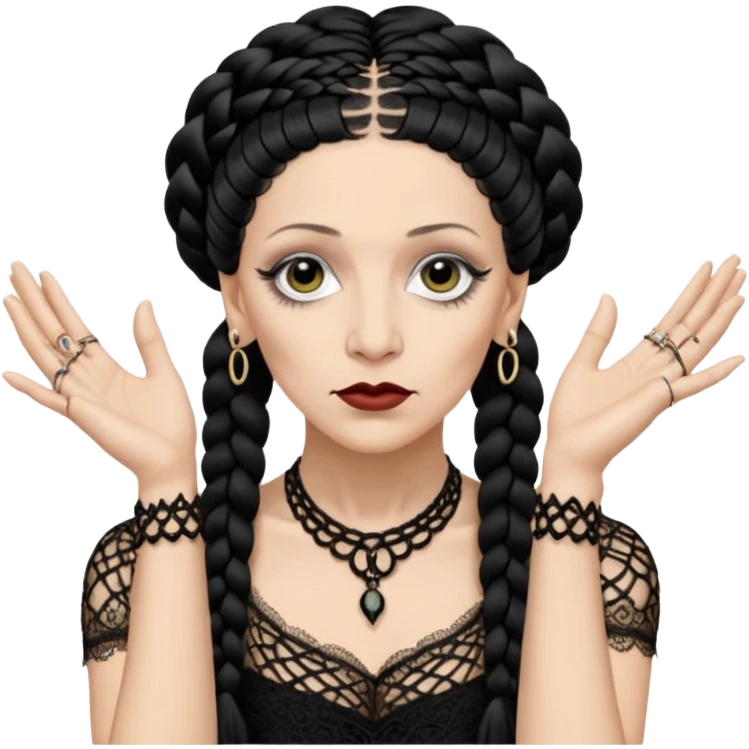 Lene Lovich as seen on the Stateless album cover with a typical symmetrical pose with her hands, lots of lace and braided hair emoji
