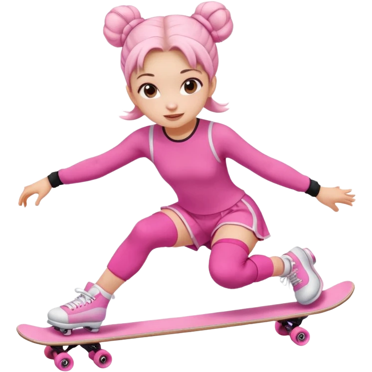 Cute skater girl with two buns and pink outfit, gliding with playful energy. emoji