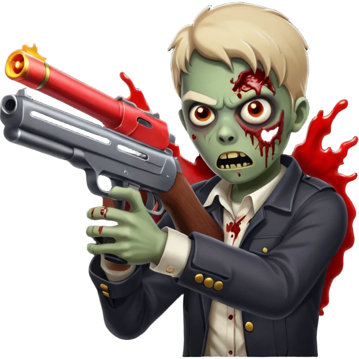Survivor firing shotgun at zombie, flying blood, intense expression, dark style, no background










 emoji